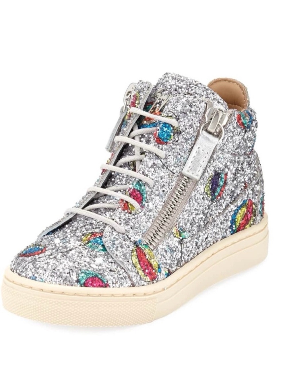 Giuseppe Zanotti Silver Glitter High-Top Sneaker with Multicolor Accents